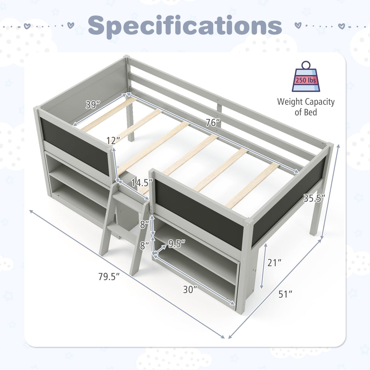 Goflame Low Loft Bed Twin Size, Wooden Loft Bed with Ladder & Blackboard