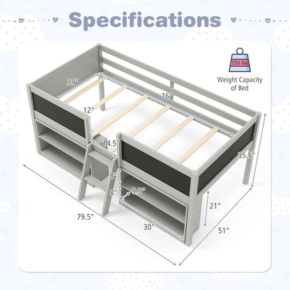 Goflame Low Loft Bed Twin Size, Wooden Loft Bed with Ladder & Blackboard