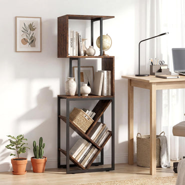 Goflame 6-Tier Bookshelf | Industrial S-Shaped Geometric Bookcase with Open Display Shelves