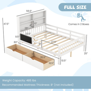 Goflame Full/Twin Size 2 Storage Drawers, Solid Wood Kids Bed Frame w/Bookcase Headboard & Blackboard