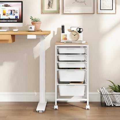 Goflame 5-Drawer Rolling Storage Cart Mobile Utility Organizer with Wooden Tabletop and Lockable Wheels