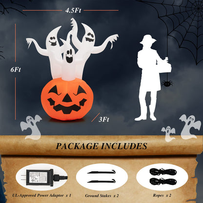 6FT Halloween Inflatable Decorations, 3 White Ghosts on Pumpkin
