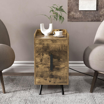 Goflame Nightstand with Charging Station, Narrow End Table with 2 Drawers & Metal Gold Legs
