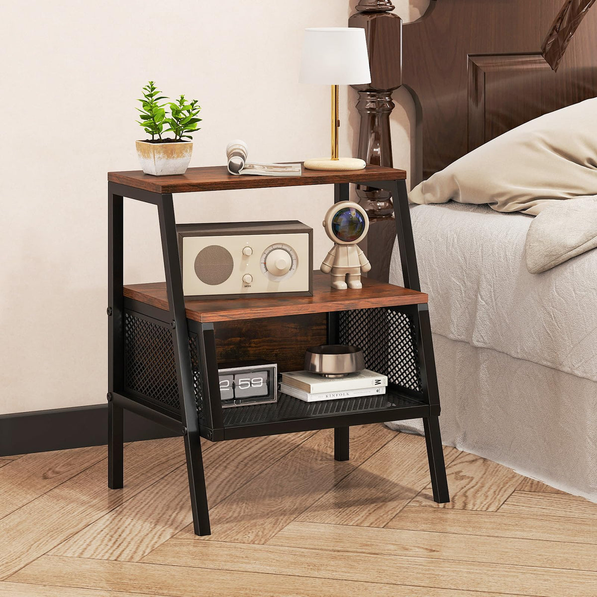 Goflame Industrial Nightstand 3-Tier End Table with 2 Open Shelves and Metal Mesh Compartment