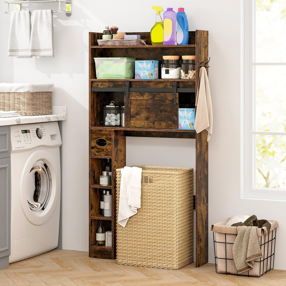 Goflame Over The Toilet Storage Cabinet, 6-Tier Freestanding above Toilet Rack with Gliding Door