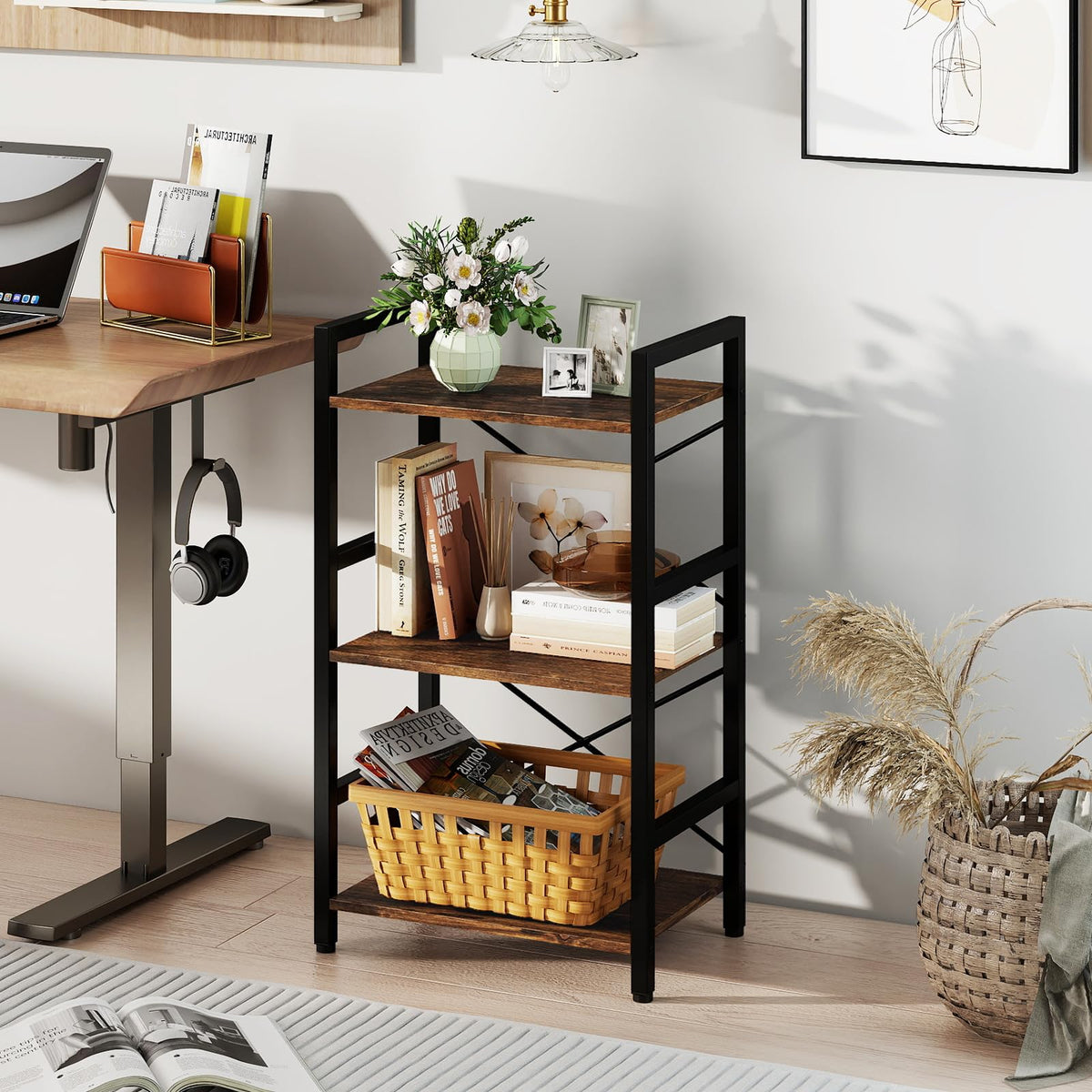 Goflame 3-Tier Bookshelf Narrow Freestanding Display Shelf with Metal Frame & Wooden Storage Racks