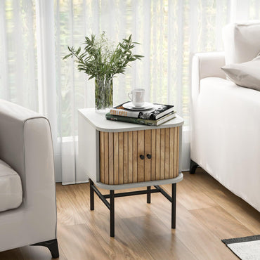 Goflame Mid-Century Modern Nightstand, Wood Bedside Table with Sliding Doors and 4 Metal Legs