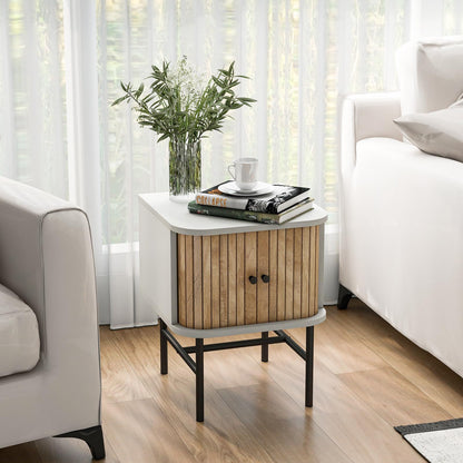 Goflame Mid-Century Modern Nightstand, Wood Bedside Table with Sliding Doors and 4 Metal Legs