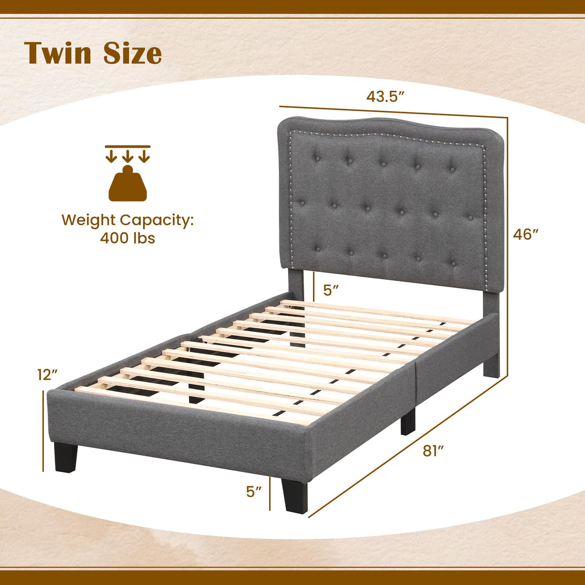 Goflame Twin Size Bed Frame, Modern Linen Upholstered Platform Bed w/ 46" Tall Button Tufted Headboard