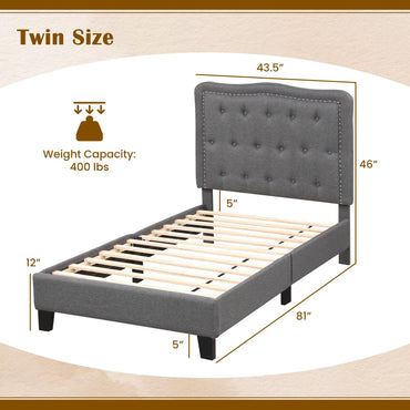 Goflame Twin Size Bed Frame, Modern Linen Upholstered Platform Bed w/ 46" Tall Button Tufted Headboard
