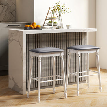 Goflame Bar Stools, 29"/24" Bar Height Saddle Stools w/Padded Seat, Rubber Wood Legs, Footrests & Antiqued Surface
