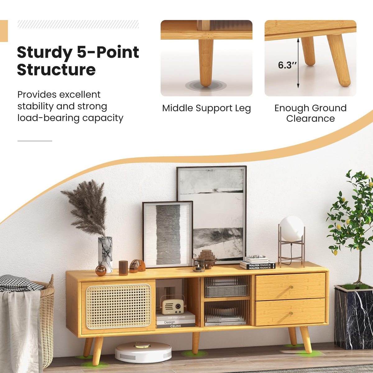 Goflame Bamboo TV Stand for 55 60 65 Inch TV, PE Rattan Entertainment Center with Sliding Doors