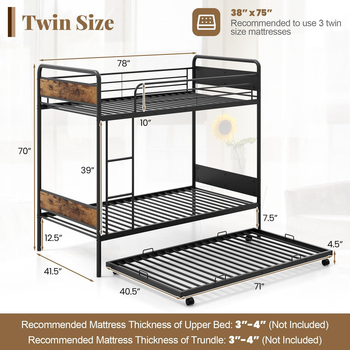 Goflame Metal Twin Over Twin Bunk Bed with Trundle