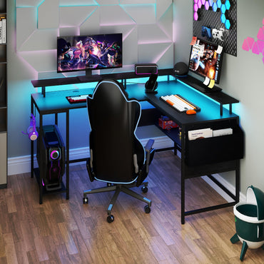 Goflame L Shaped Desk with LED Light & Power Outlets Ergonomic Home Office Desk