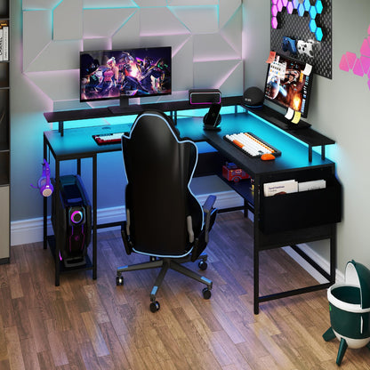 Goflame L Shaped Desk with LED Light & Power Outlets Ergonomic Home Office Desk
