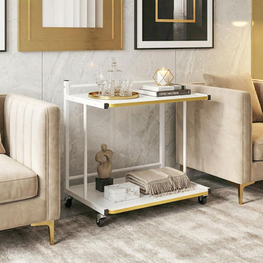 Goflame Mobile C-Shaped End Table - 2-Tier Sofa Couch Bed Side Table w/Open Storage Shelves & Golden Edge Banding