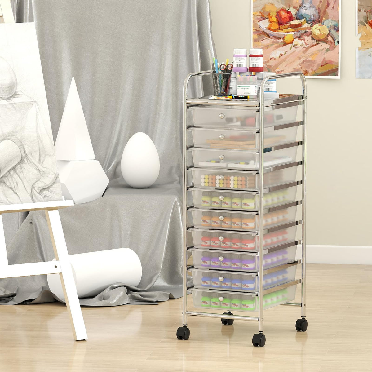 Goflame 10-Drawer Rolling Storage Cart with Metal Frame and Lockable Universal Wheels