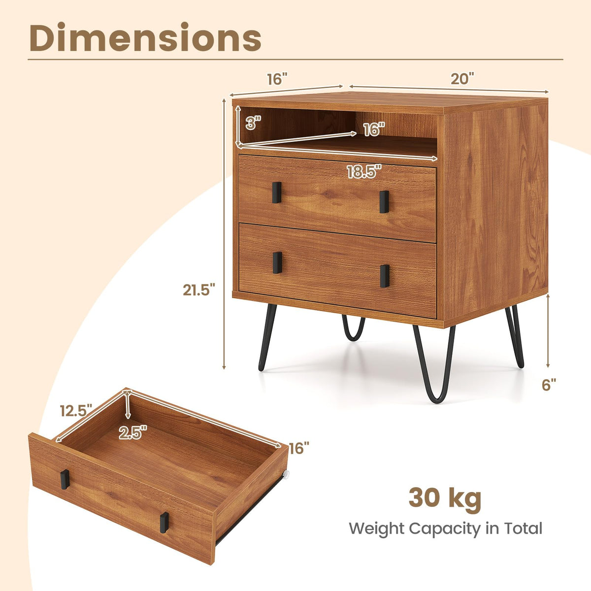 Goflame Night Stand with 2 Drawers for Bedroom Home Office