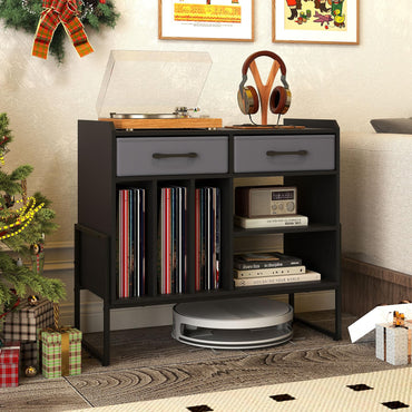 Goflame Large Record Player Stand with Charging Station Mid Century Modern Vinyl Storage Cabinet