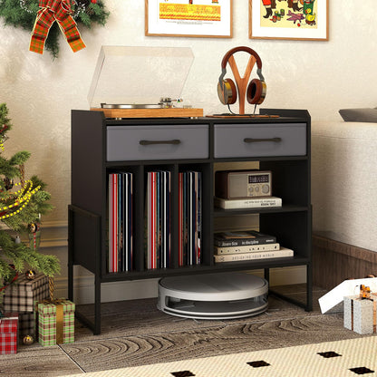 Goflame Large Record Player Stand with Charging Station Mid Century Modern Vinyl Storage Cabinet