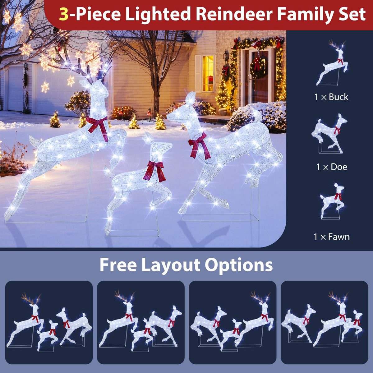 Goflame 3-Piece Large Lighted Christmas Reindeer Family, Light up Xmas Decorations w/255 LED Lights & Scarves