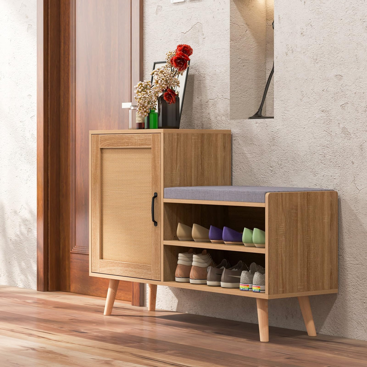 Goflame Shoe Cabinet with Shoe Bench - Rattan Shoe Storage Cabinet, Shoe Rack Organizer for 10-12 Pairs