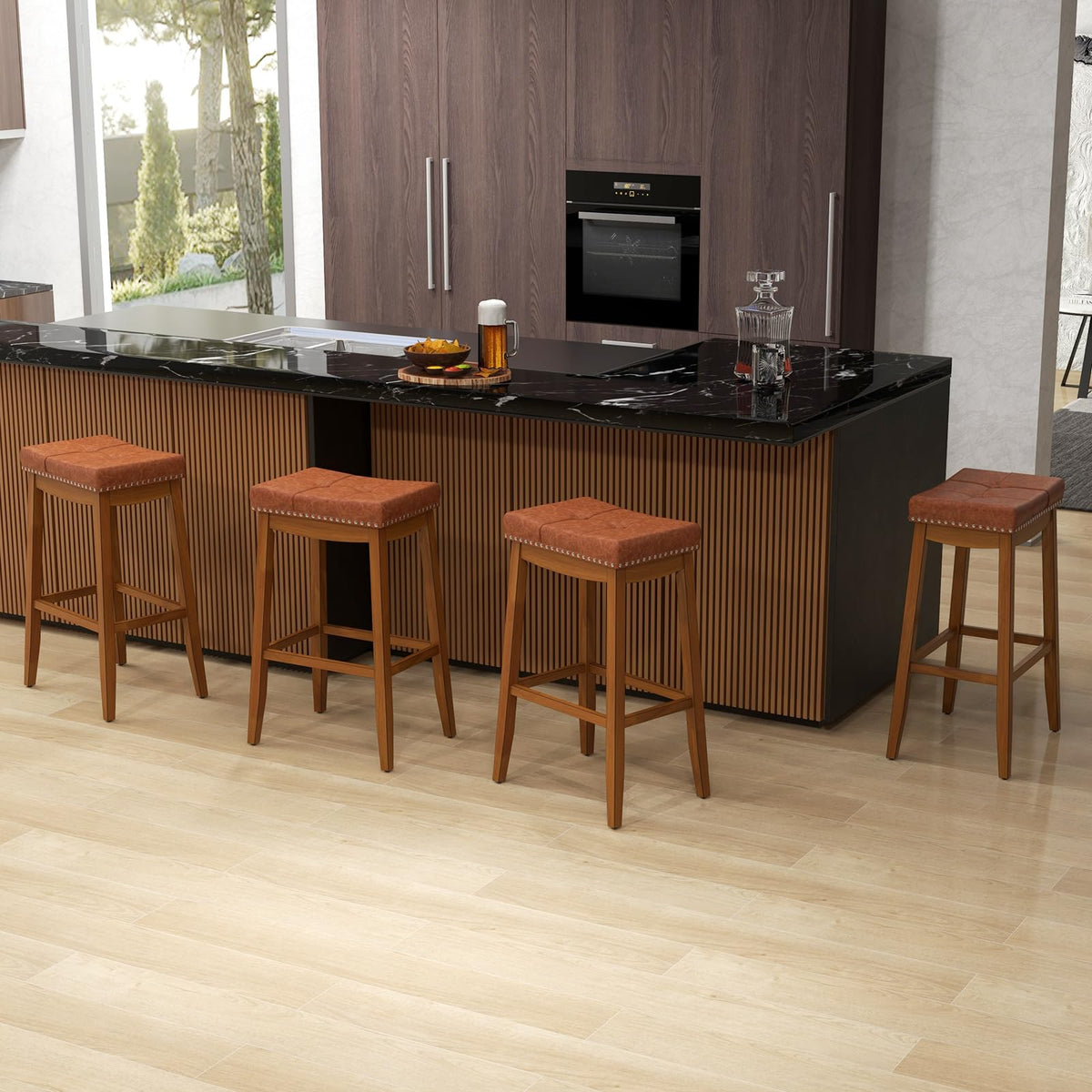 Goflame Bar Stools Set, 29" Counter Height Bar Stools w/Saddle Seat, Footrest, Rivet, Button Tufted, Rubber Wood Frame