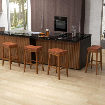 Goflame Bar Stools Set, 29" Counter Height Bar Stools w/Saddle Seat, Footrest, Rivet, Button Tufted, Rubber Wood Frame