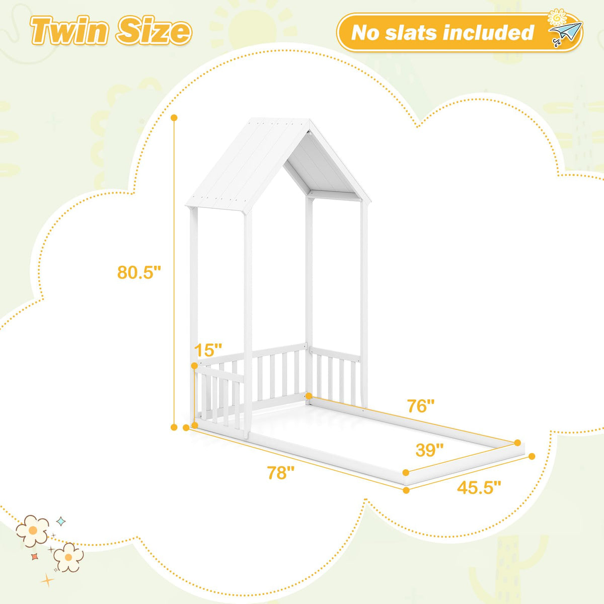 Goflame Twin Size House Bed Montessori Floor Bed with House Shape Roof & Semi-Fence