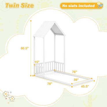 Goflame Twin Size House Bed Montessori Floor Bed with House Shape Roof & Semi-Fence