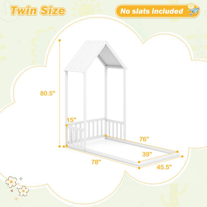 Goflame Twin Size House Bed Montessori Floor Bed with House Shape Roof & Semi-Fence