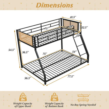 Goflame Twin Over Full Metal Bunk Bed, Boho Rattan Floor Bunkbeds
