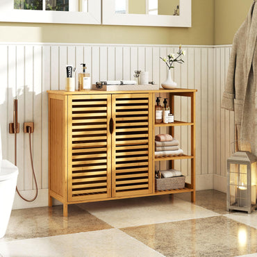 Goflame Bamboo Bathroom Storage Cabinet 2-Door Storage Organizer with Shelves