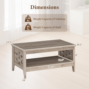 Goflame 2-Tier Farmhouse Coffee Table with Open Shelf and Woven Decorations for Living Room
