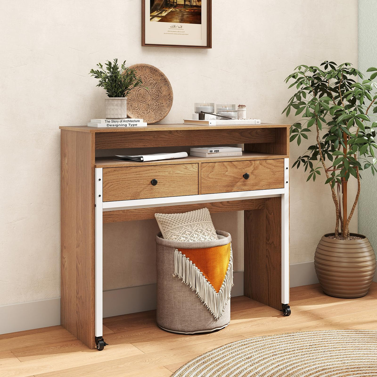 Goflame Small Computer Desk with Hutch & Drawers