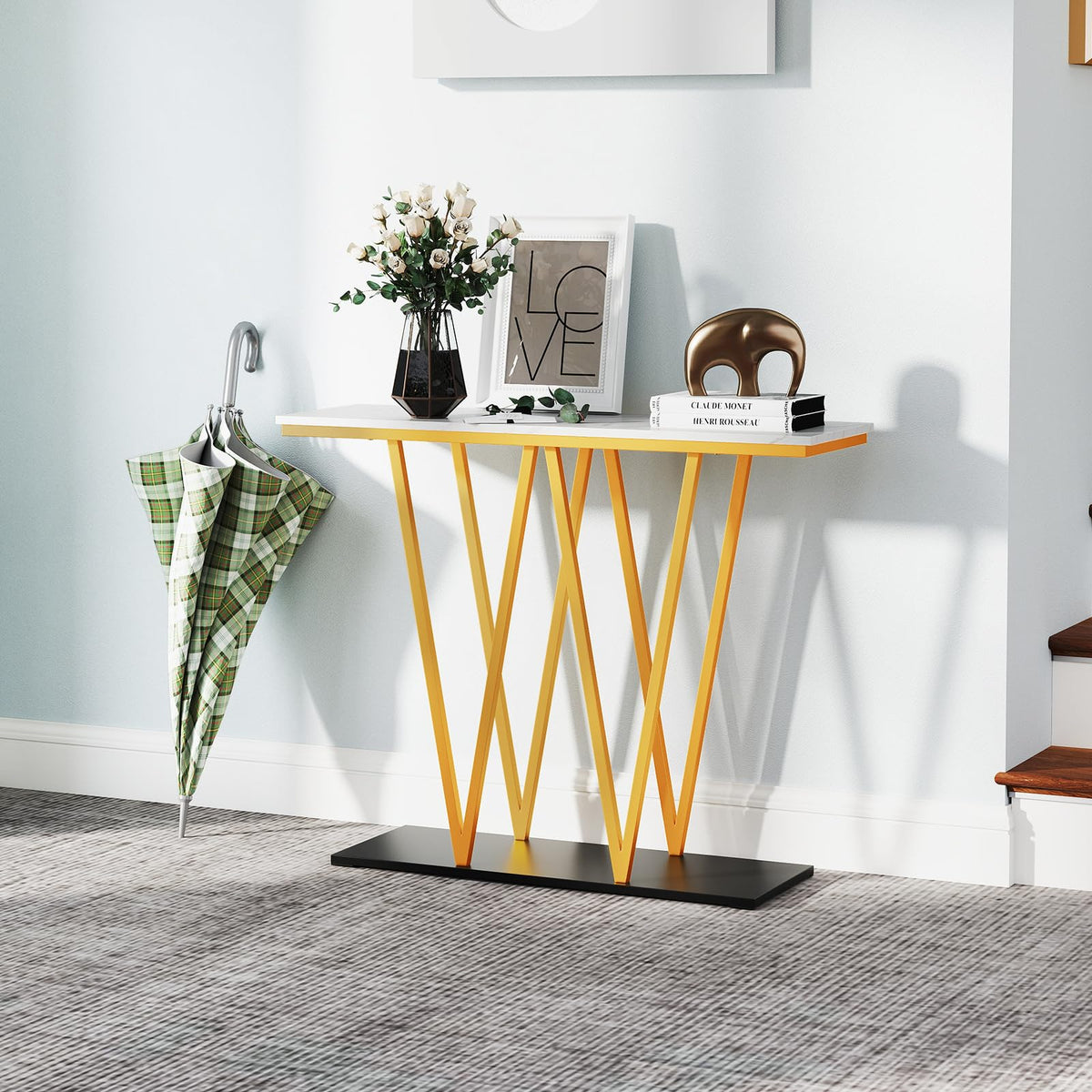 Goflame Gold Entryway Table 40 Inch Modern Console Table with Faux Marble Table and Metal Frame