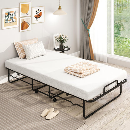Goflame Twin Folding Bed with Mattress, Roll Away Bed Portable Guest Bed w/Sturdy Metal Frame