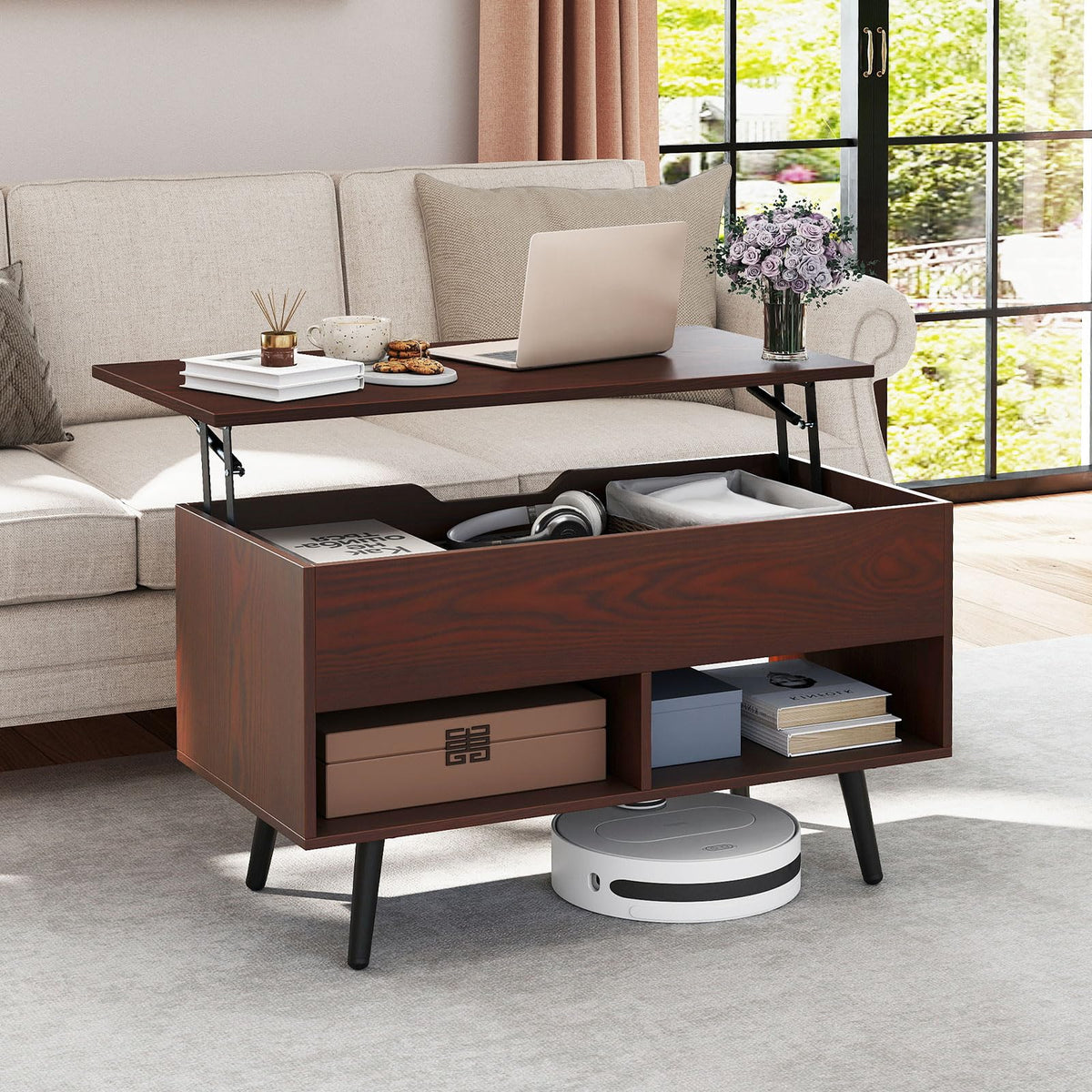 Goflame Lift Top Coffee Table Modern Cocktail Table w/Hidden Compartment & 2 Open Shelves
