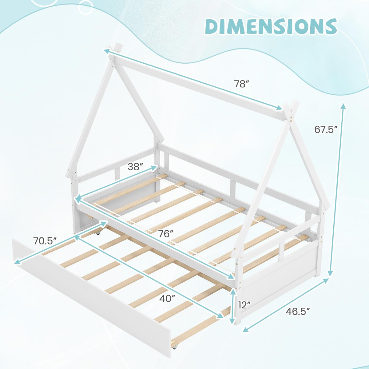 Goflame Twin House Bed with Trundle, Wood Montessori Tent Bed Frame with Safety Guardrail