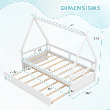 Goflame Twin House Bed with Trundle, Wood Montessori Tent Bed Frame with Safety Guardrail