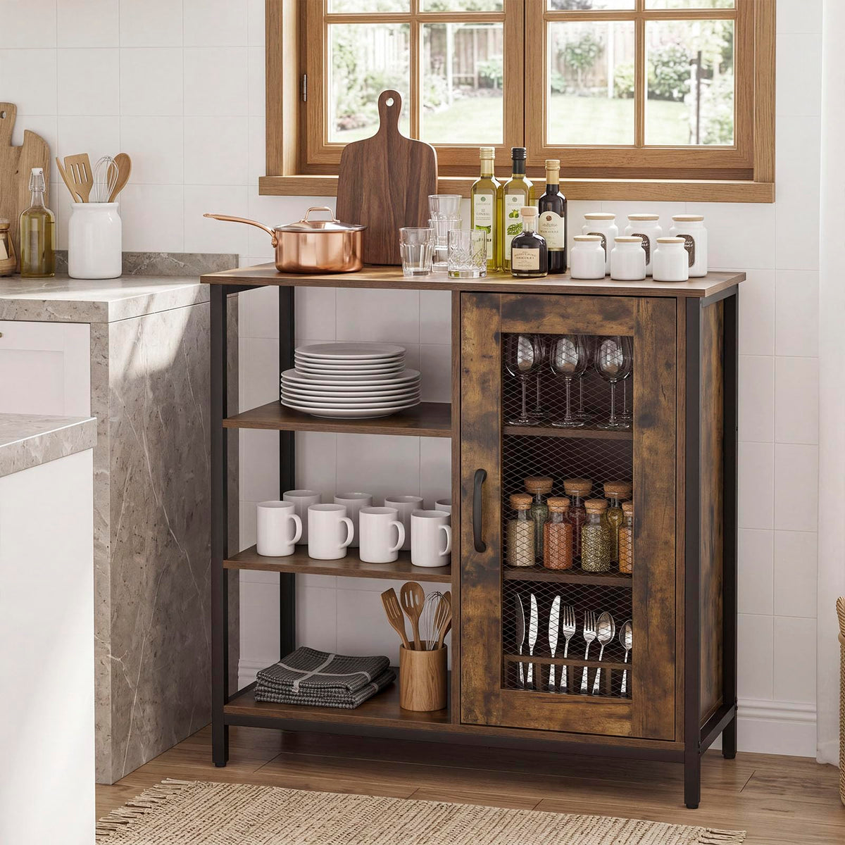 Goflame Industrial Side Cabinet with Metal Mesh Door and 3 Open Shelves