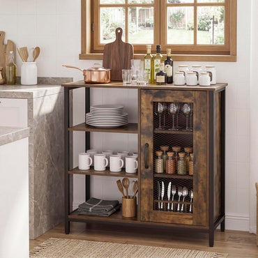 Goflame Industrial Side Cabinet with Metal Mesh Door and 3 Open Shelves