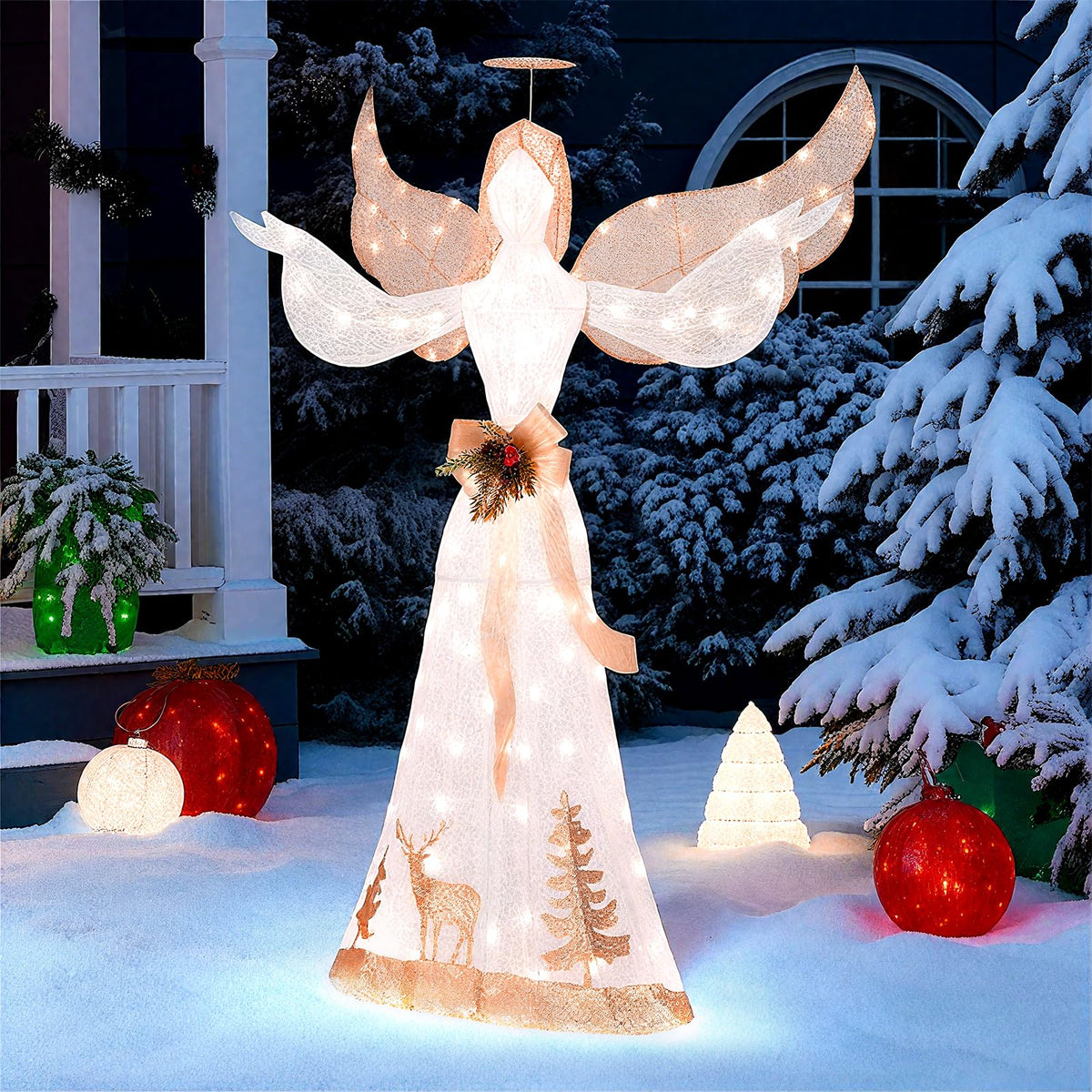 Goflame Pre-lit 3D Glittered Angel with 100 Warm White Lights Halo Bow Ground Stakes