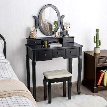 Vanity Set with 360° Rotating Oval Makeup Mirror, Dressing Table & Cushioned Stool Set with 5 Sliding Drawers & 12 LED Lights