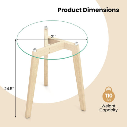 Goflame Glass Round Side Table w/Tempered Glass Top & Rubber Wood Frame