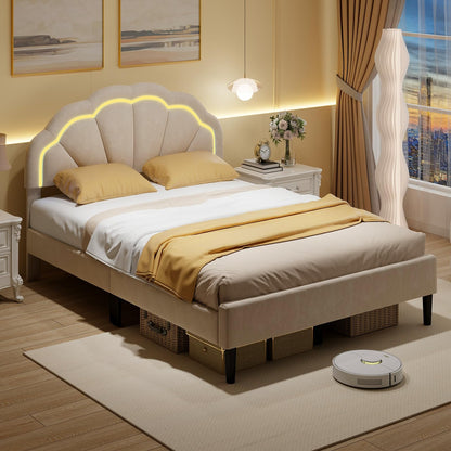 Goflame Full Size LED Bed Frame, Velvet Upholstered Full Platform Bed with Adjustable Cloud Headboard