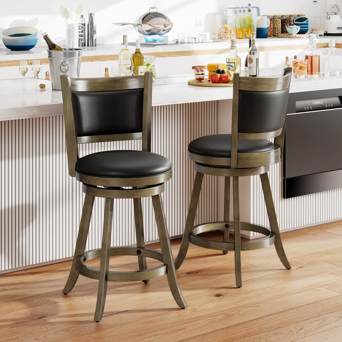 Goflame Accent Wooden Swivel Back Counter Height Bar Stool, Fabric Upholstered Design