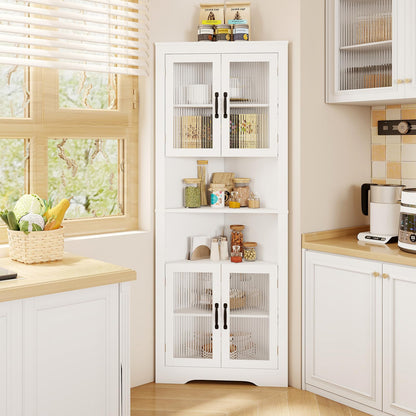 Goflame 67" Tall Corner Cabinet Space-Saving Triangular Storage Cabinet w/ 4 Tempered Glass Doors