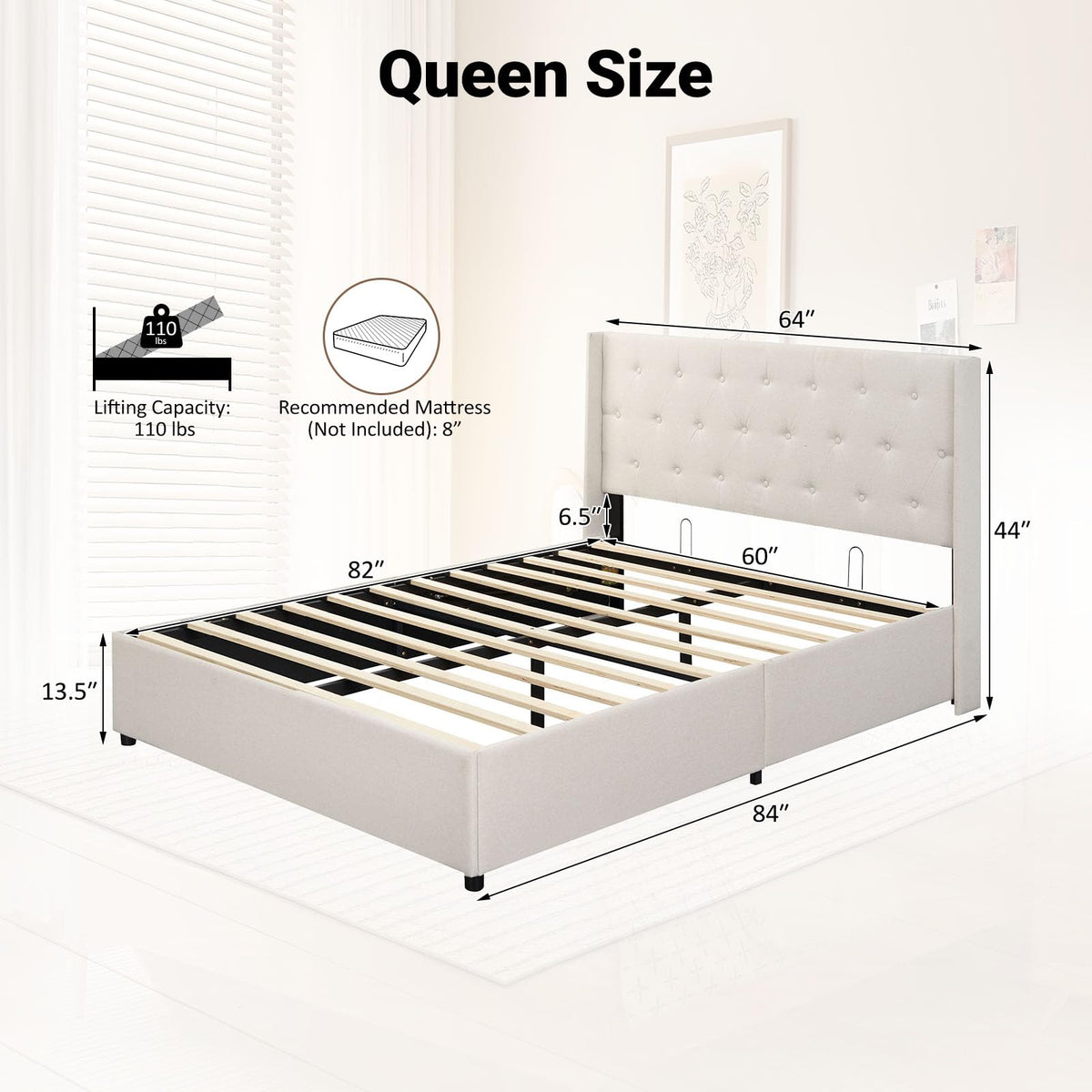 Goflame Modern Linen Upholstered Platform w/Button Tufted Wingback Headboard & Hydraulic Support