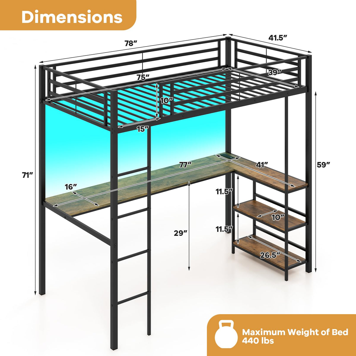Goflame Twin Loft Bed with L-Shaped Desk, Metal Loft Bed Frame with LED Lights